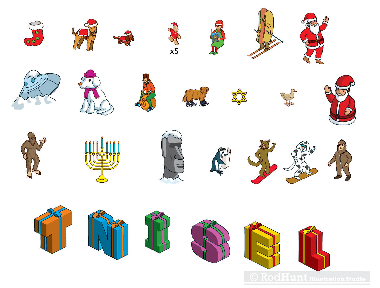 Find the Hidden Santa Hidden Objects Christmas Search and Find Where's Waldo / Wally? style Illustration by Rod Hunt