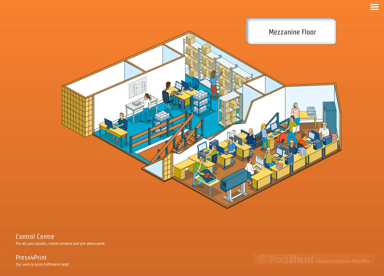 Print Business and office cutaway Building plan maps in isometric perspective