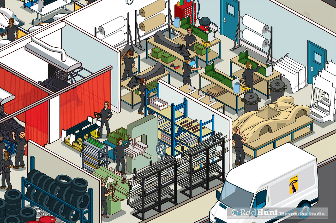 Racing Car Bodyshop manufacture at the Radical Motorsports Factory - Isometric Automotive Artwork by Rod Hunt