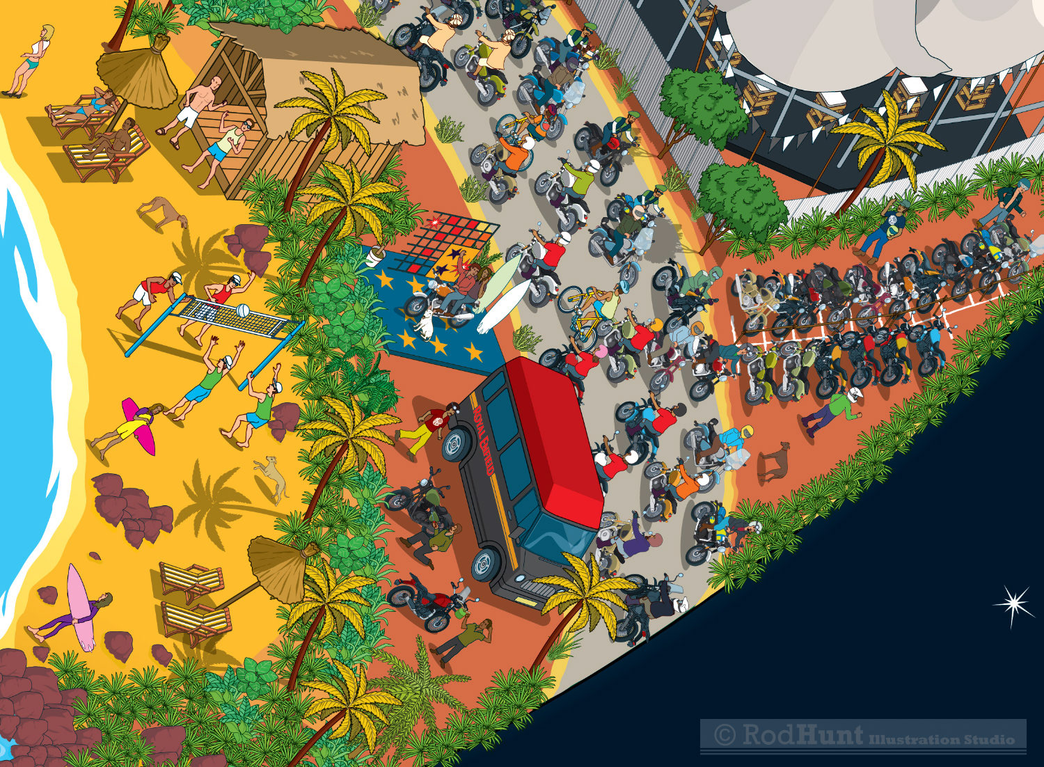 Goa Beach for illustrated motorcycle music event advertising