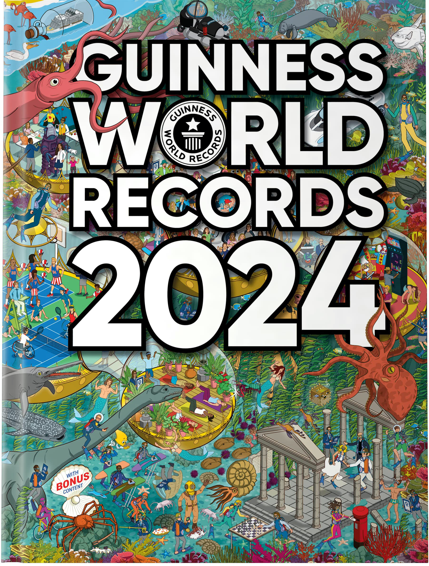 Guinness World Records 2024 Book Cover Illustration - a Where's Waldo / Wally style search and find illustrated Hidden Pictures book cover by illustrator Rod Hunt with a theme of Blue Planet
