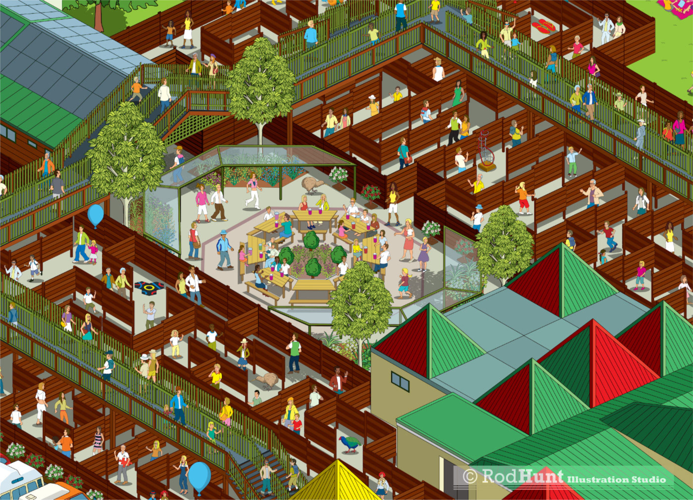 Seek and find map for tourist attraction Theme Park illustrated by cartography maker Rod Hunt