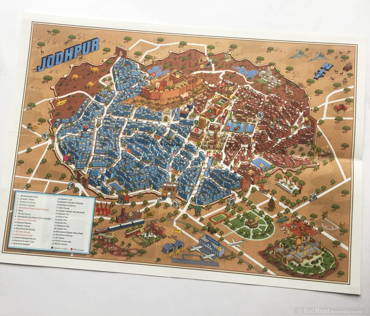 City Map illustration maker, Detailed isometric illustrated city map of Jodhpur, India created by map designer Rod Hunt