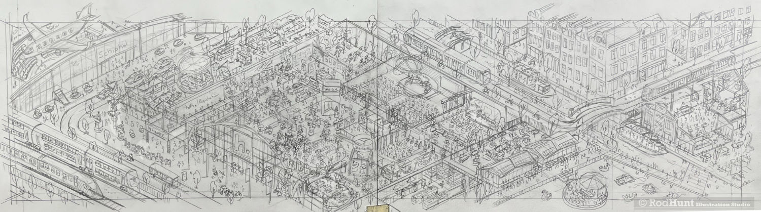 Hand drawn Initial rough Isometric pencil drawing for a search and find book