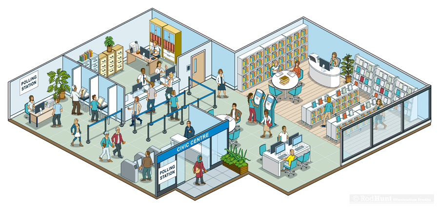 Isometric perspective Interior design illustrations for public buildings 