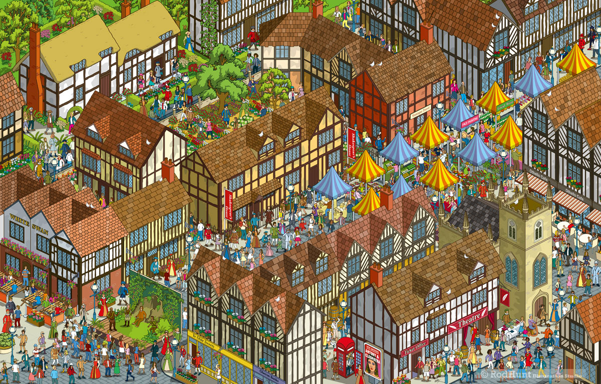 Stratford Upon Avon Isometric Historical heritage illustration map, William Shakespeare Tourist Map- Wimmelpicture,  wimmelbilderbuch, wimmelbook, wimmelbild