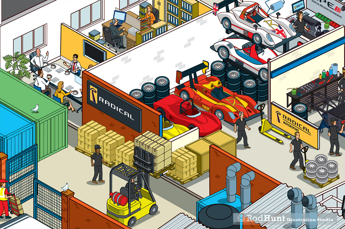 Illustrated cutaway for Radical Motorsports - Drawing of their racing car production centre by Rod Hunt