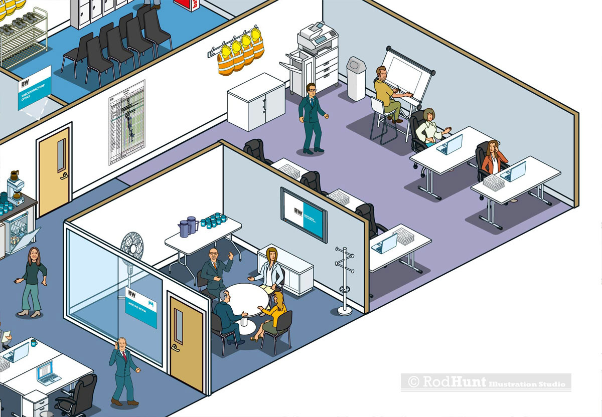 isometric construction site office set-up guide illustration