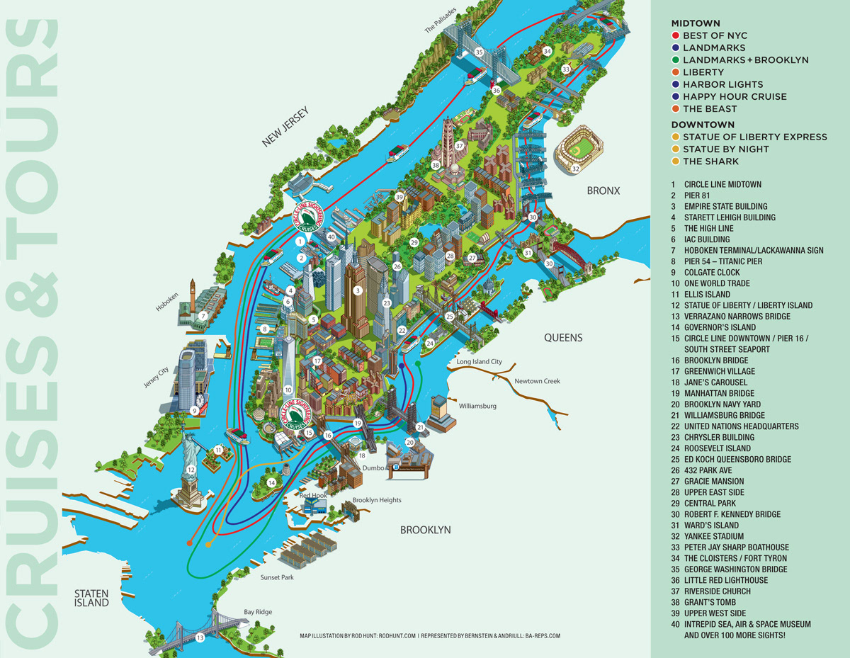 Isometric NYC New York Tourist Attractions visitors guide Pictorial Map Illustration