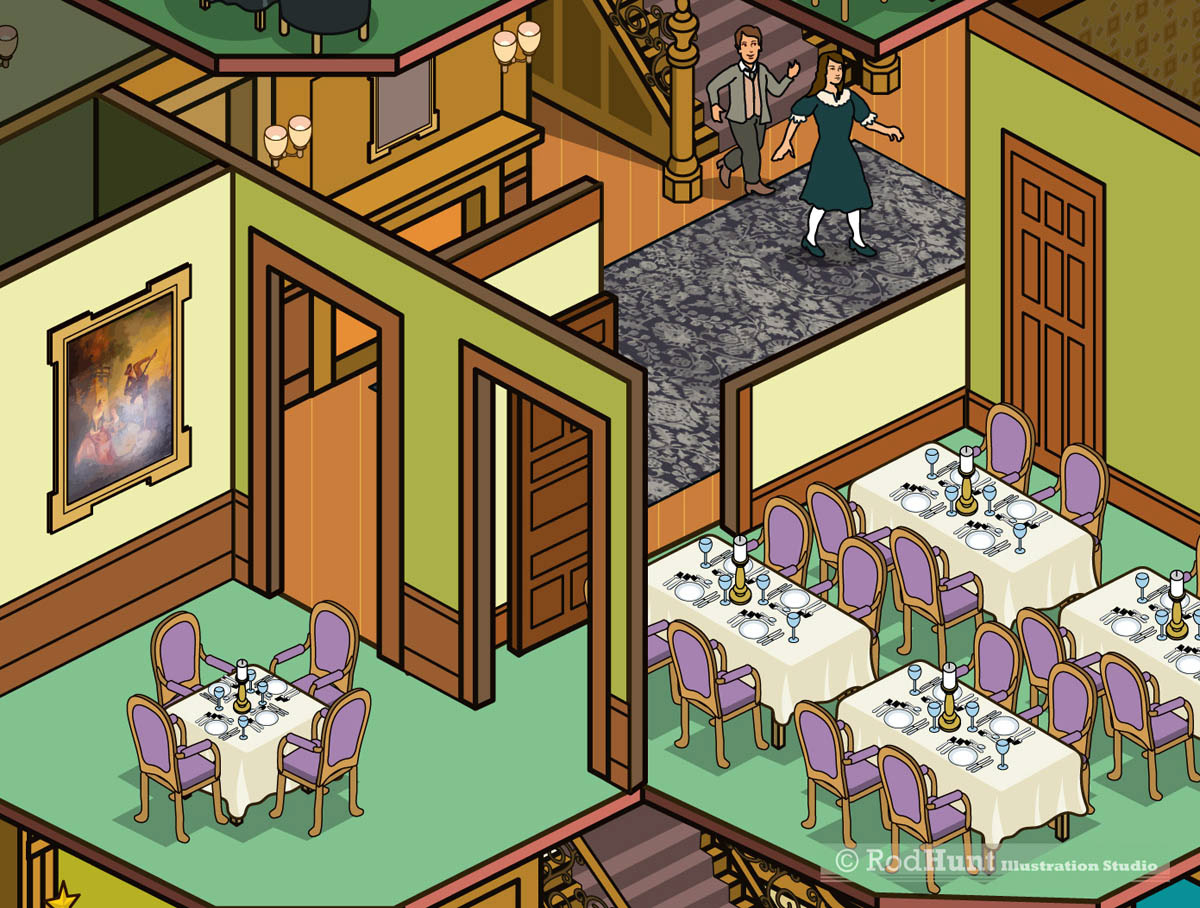 Architectural cross section map illustrations in isometric perspective for a restaurant