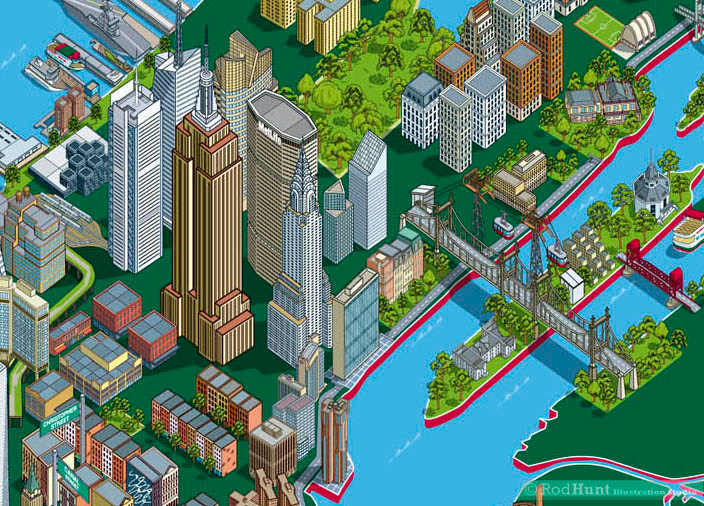 Architectural buildings and landmarks map of New York illustrated in isometric perspective by Rod Hunt