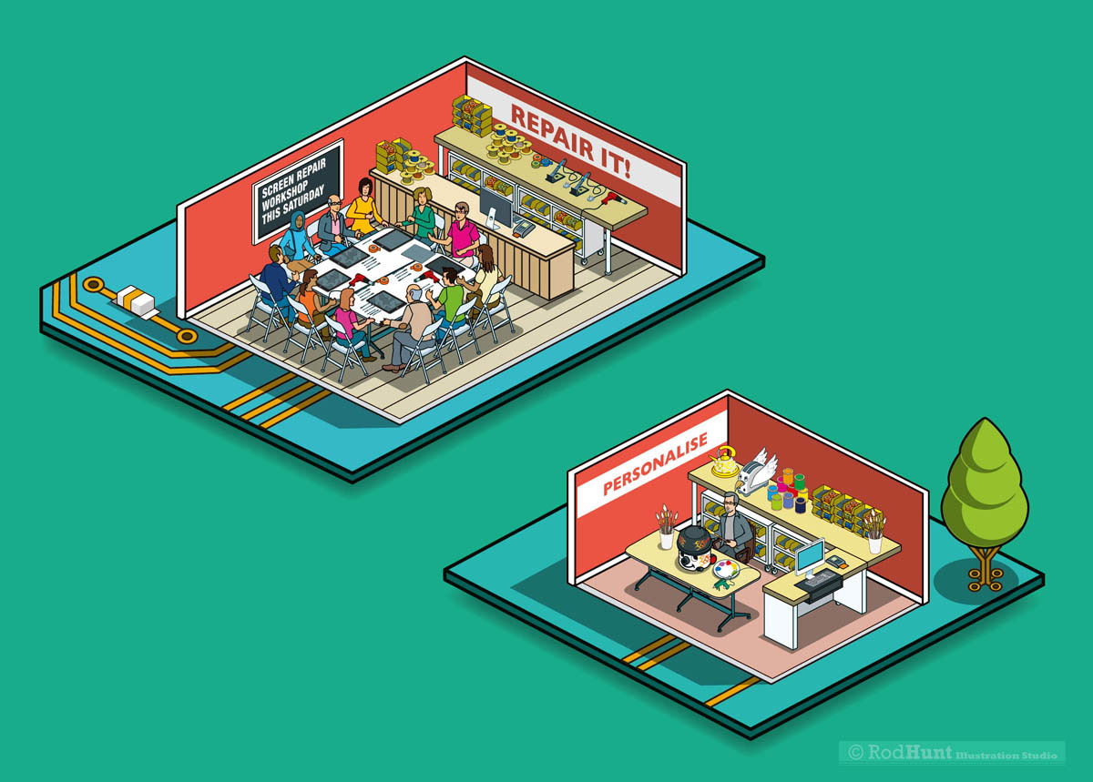 Isometric room illustrations created to educate and inform the public about a more sustainable relationship with technology and electronics 