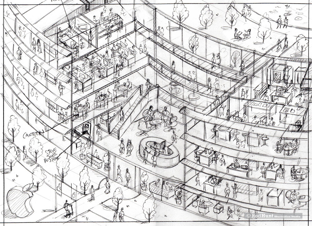 pencil drawing of Apple Park headquarters