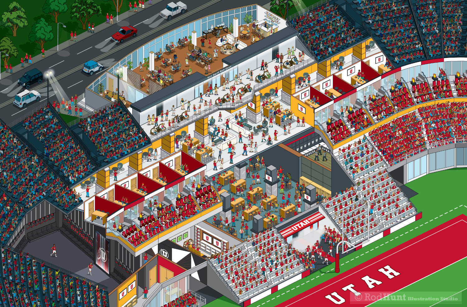 University of Utah’s Rice-Eccles Stadium architectural Cutaway building diagram Illustration, cross section of the Ken Garff University Club sports arena visualisationby Rod Hunt