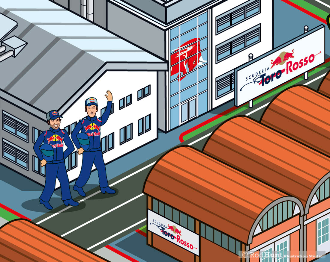 Scuderia Toro Rosso illustrations by Rod Hunt. Commissioned for the Red Bull Racing Guide