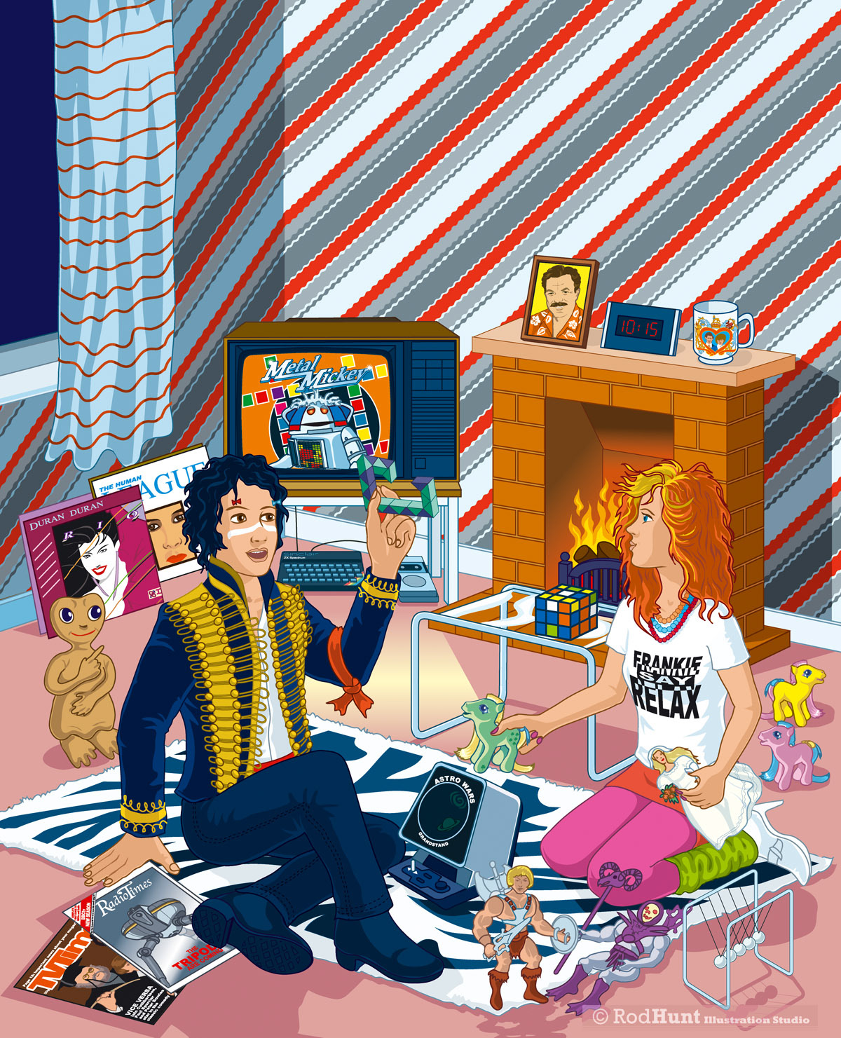 1980's Nostalgic Children's TV, Film, Pop Culture Illustration - Adam Ant, Frankie Says Relax, ZX Spectrum, Rubuics Cube, ET, Metal Mickey, Duran Duran, Human League, My Little Pony, He-Man, Skelator, Tom Sellick, Magnum PI,