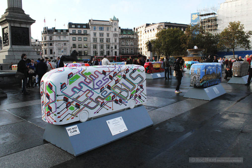Public Art installation in i Trafalgar Square - Graphic illustration on a sculpture by artist Rod Hunt