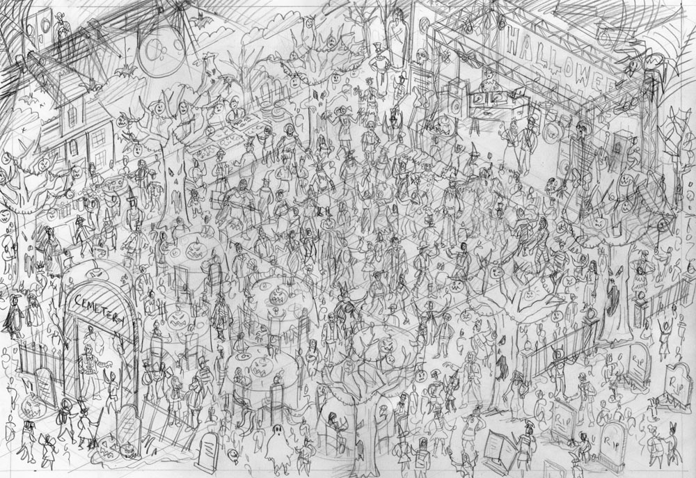 Halloween drawing of a spooky high school dance  illustrated by Rod Hunt for Sony Pictures