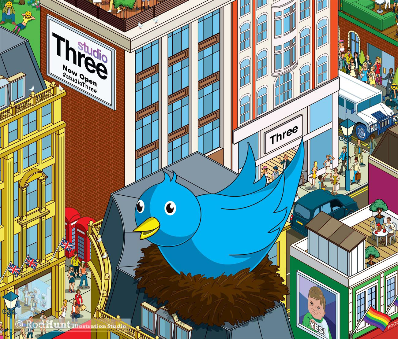 Twitter Bird social media cityscape illustration - In-store Retail Brand Mural artwork