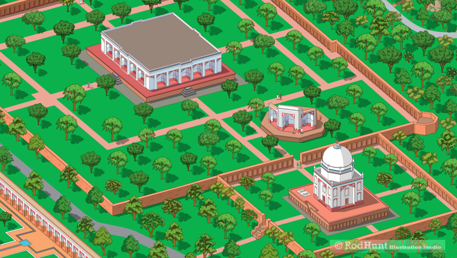 Historic heritage site Sunder Nursery - Murghal Mausoleum, Mirza Muzaffar Mausoleum and Chota Batashewala illustrations  for the Humayun's Tomb World Heritage Site illustrated map by Rod Hunt