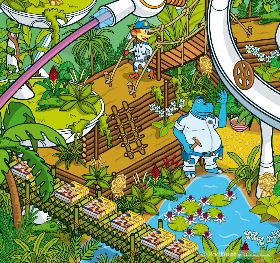 Cereal box packaging search and find game illustrations for Kellogg's Coco Pops