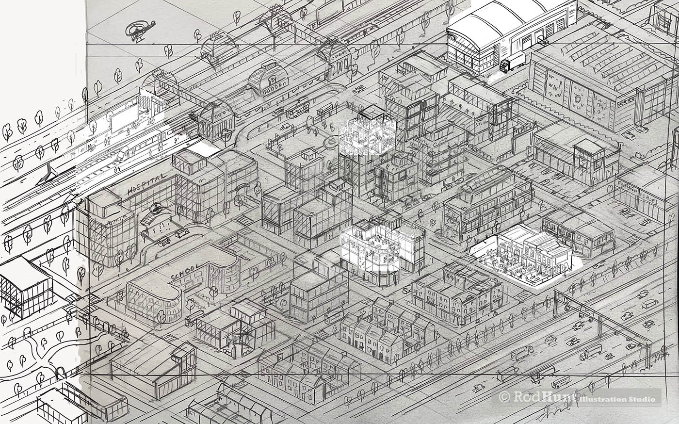 Rough drawing for isometric cityscape