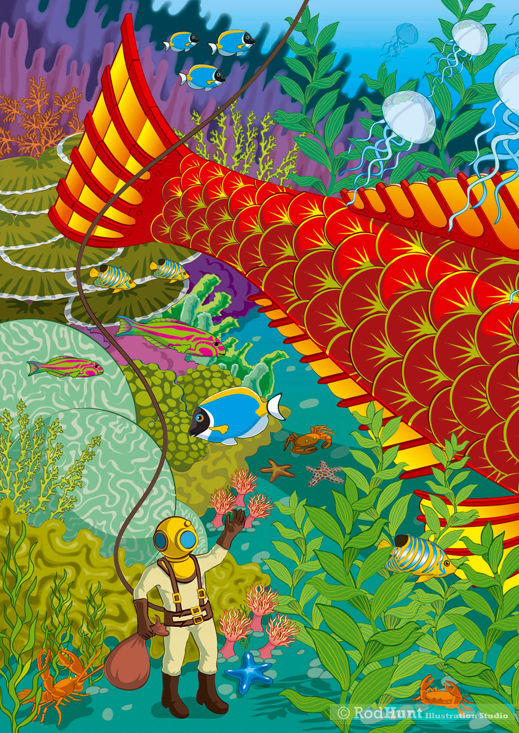Illustrations of Marine life with a retro submarine explorer 