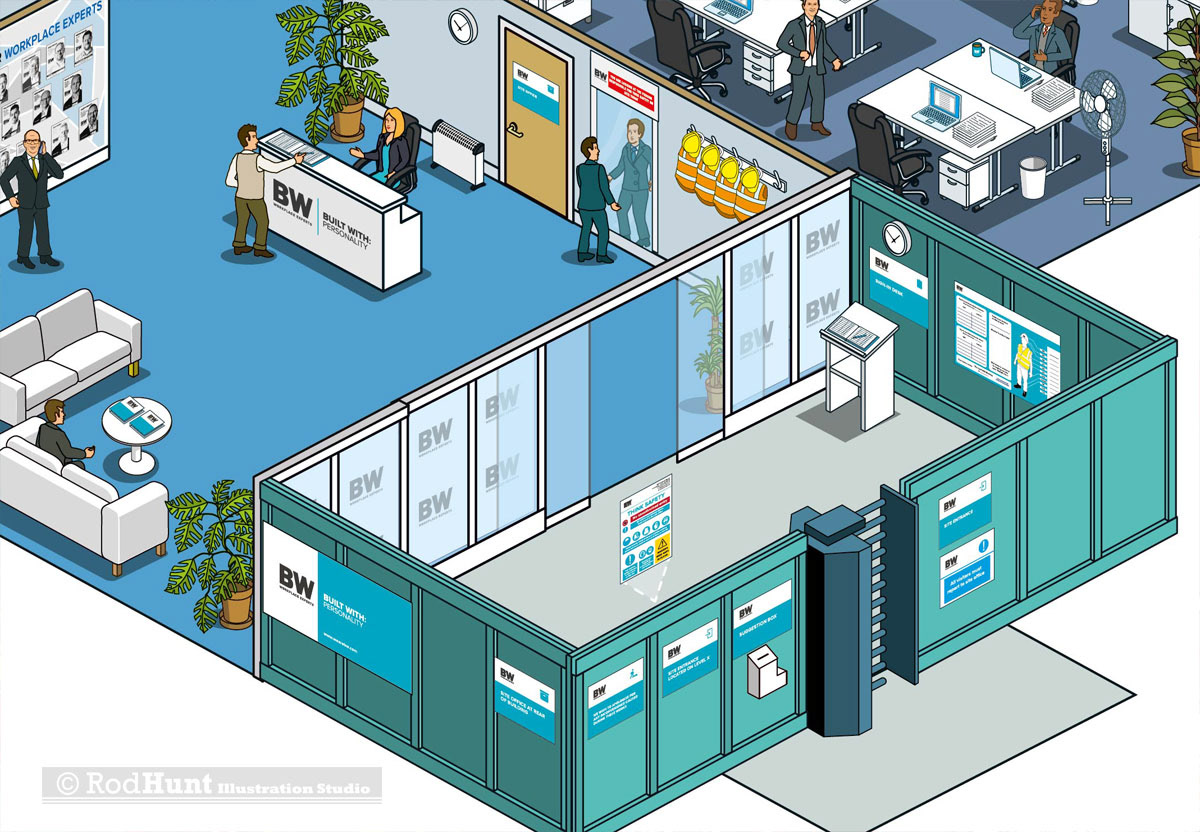 Isometric diagram illustration construction industry site set up guide