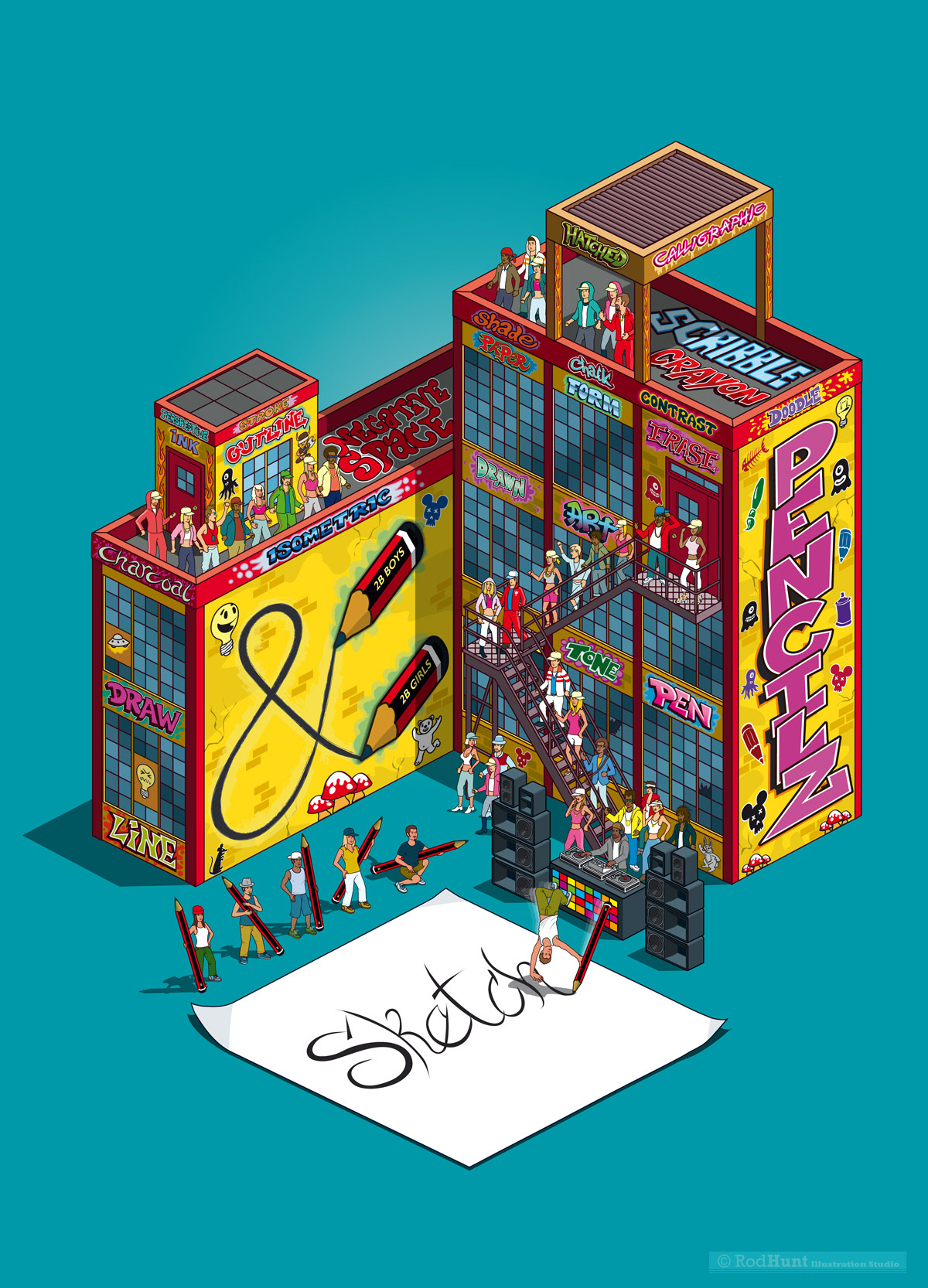 Pixel art Illustration of street art and rap battle, incorporating hand lettering and typography