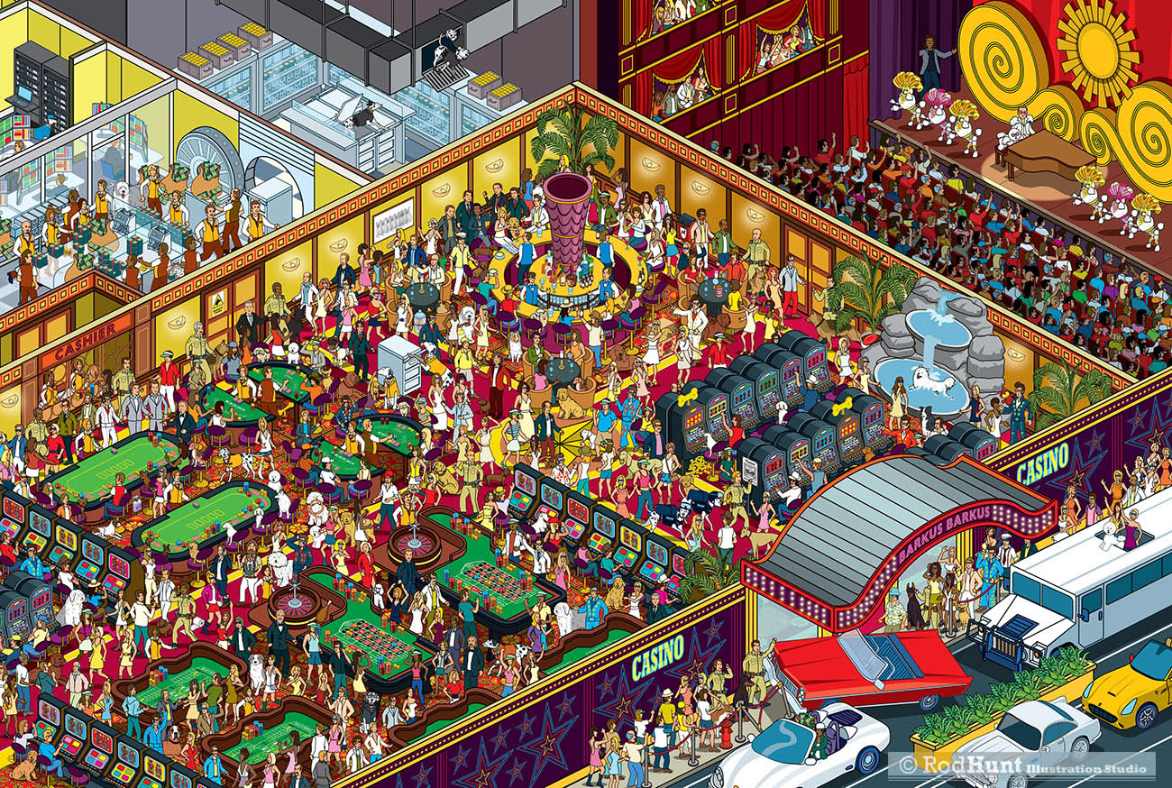 Yappy.com Where's Your Dog? Personalised search and find book - Ocean's 11 style heist Illustration
