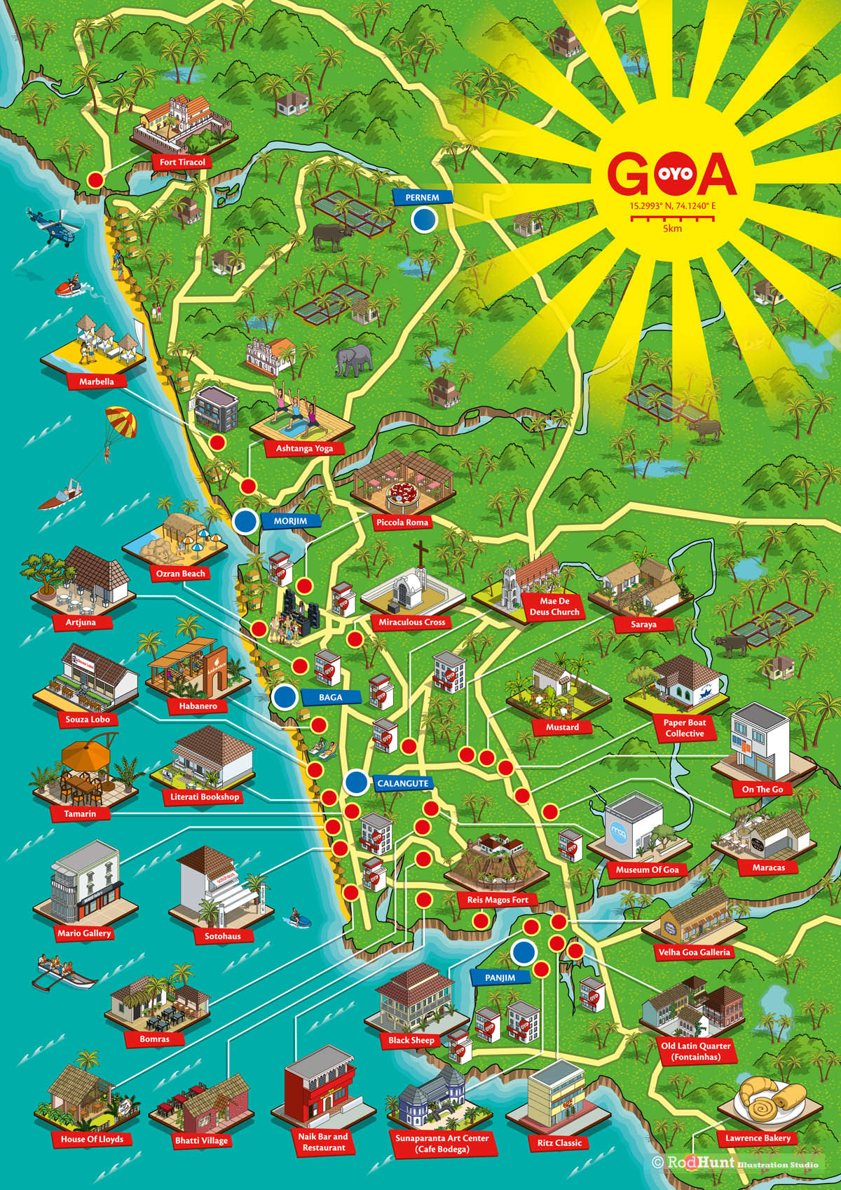 Hotel, tourist map illustration - Map Illustrator, Travel Map Illustration showing Goa's OYO hotels, beaches, tourist areas and attractions - OYO Rooms Hospitality Brand marketing and advertising campaign promoting the region of Goa, India