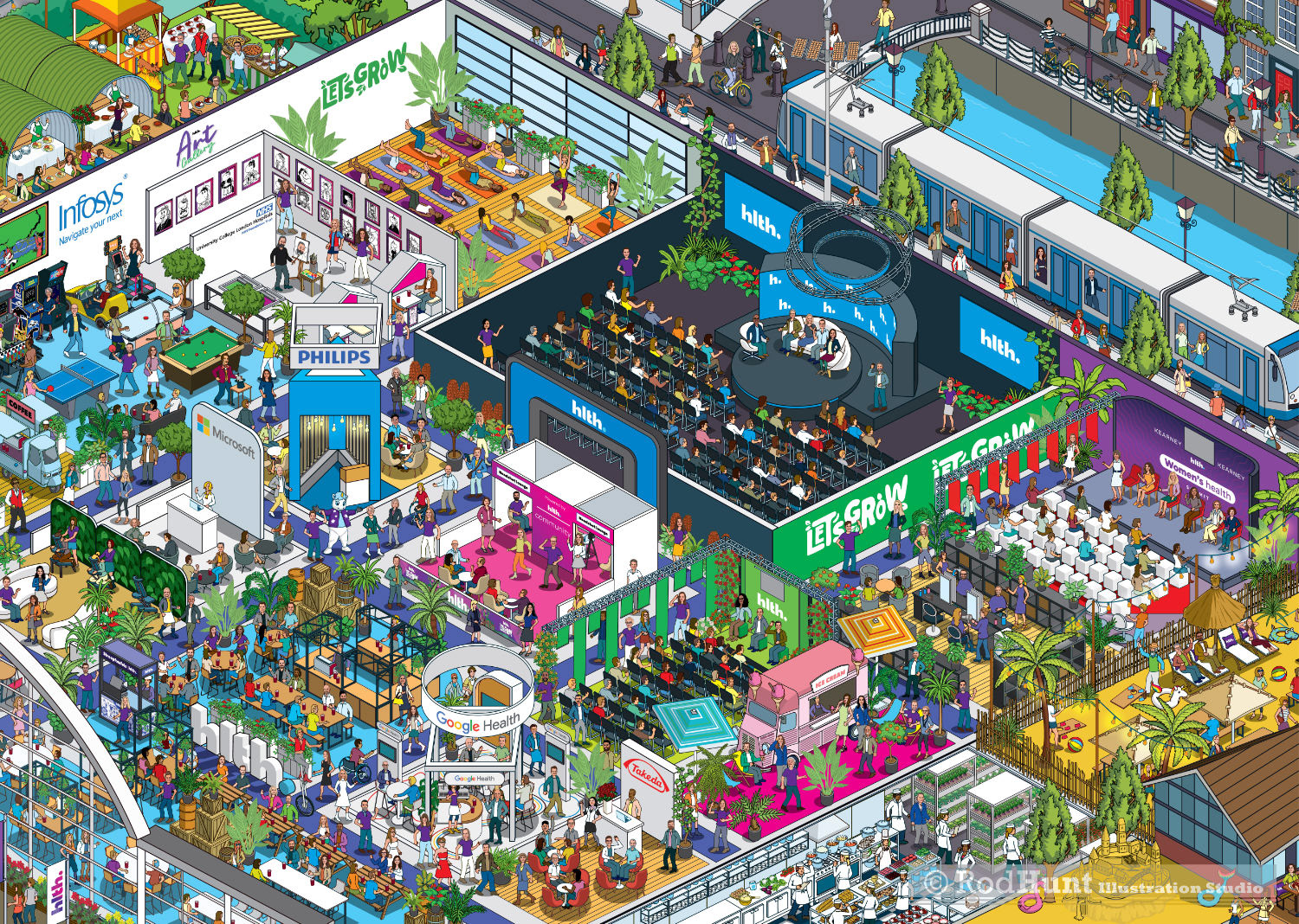 Conference venue cutaway illustrations in isometric perspective showing the interior and show floor of RAI conference centre and the event layout