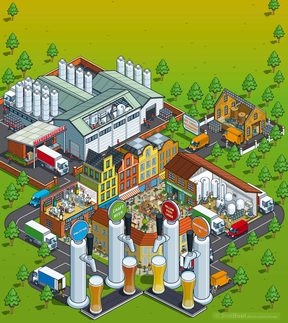 Infographic Magazine Cover illustration on Craft Brewing by Rod Hunt using isometric perspective