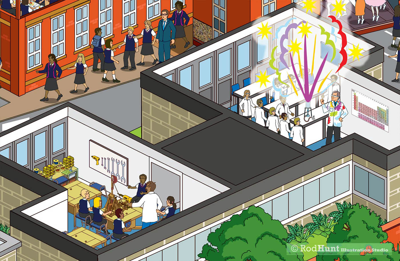 Science and Technology buildings cutaway cross section - Cheltenham Prep School Map Illustration - Details of Facilities and classrooms