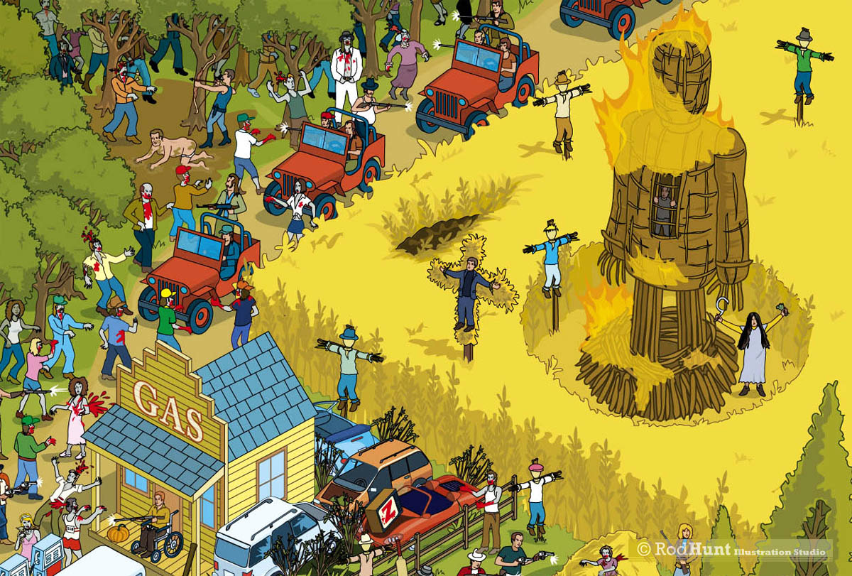 Can you spot all the horror and zombie movies in this illustration?