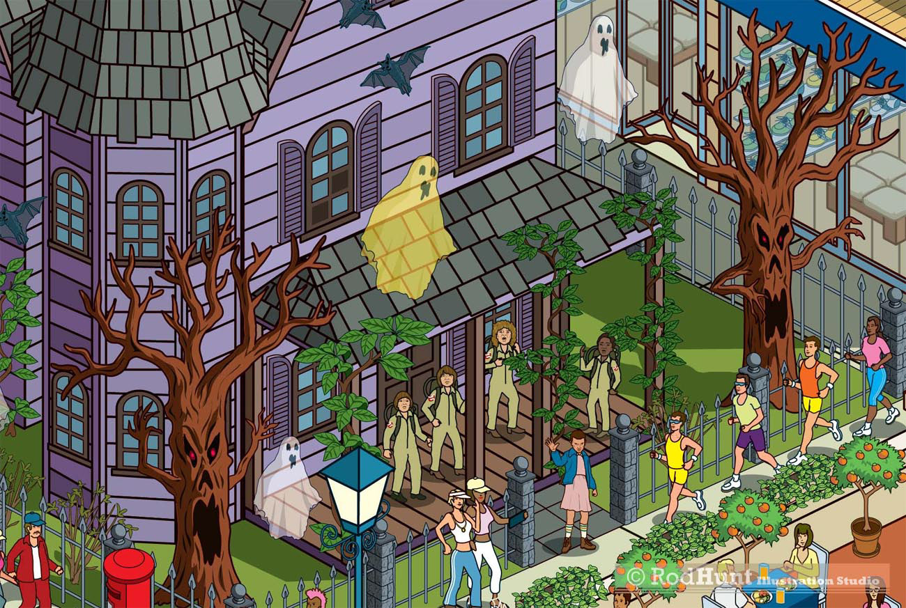 Netflix Stranger Things Ghostbusters Illustration - pop culture isometric pixel art cityscape illustrator