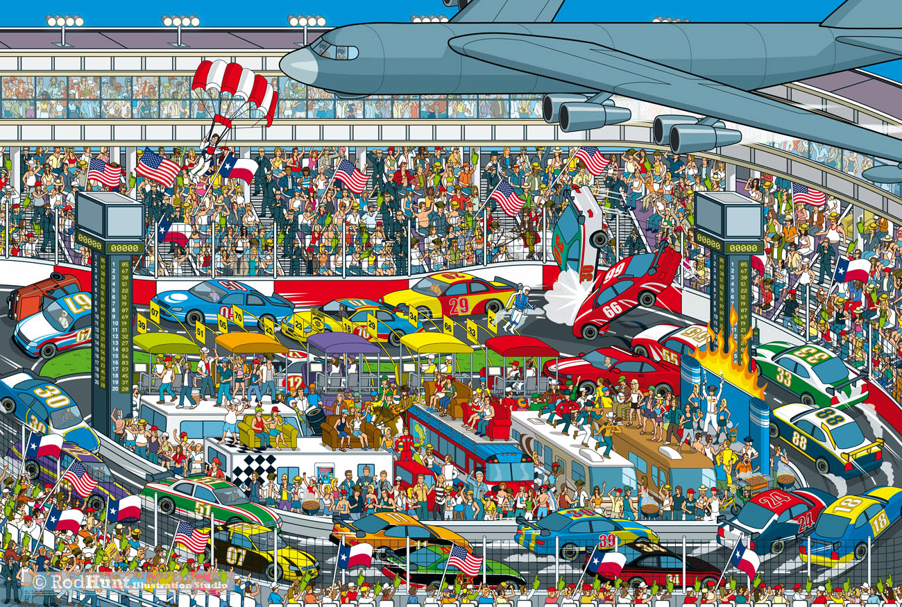 NASCAR track - Where's Wally / Waldo style illustration map by Rod Hunt