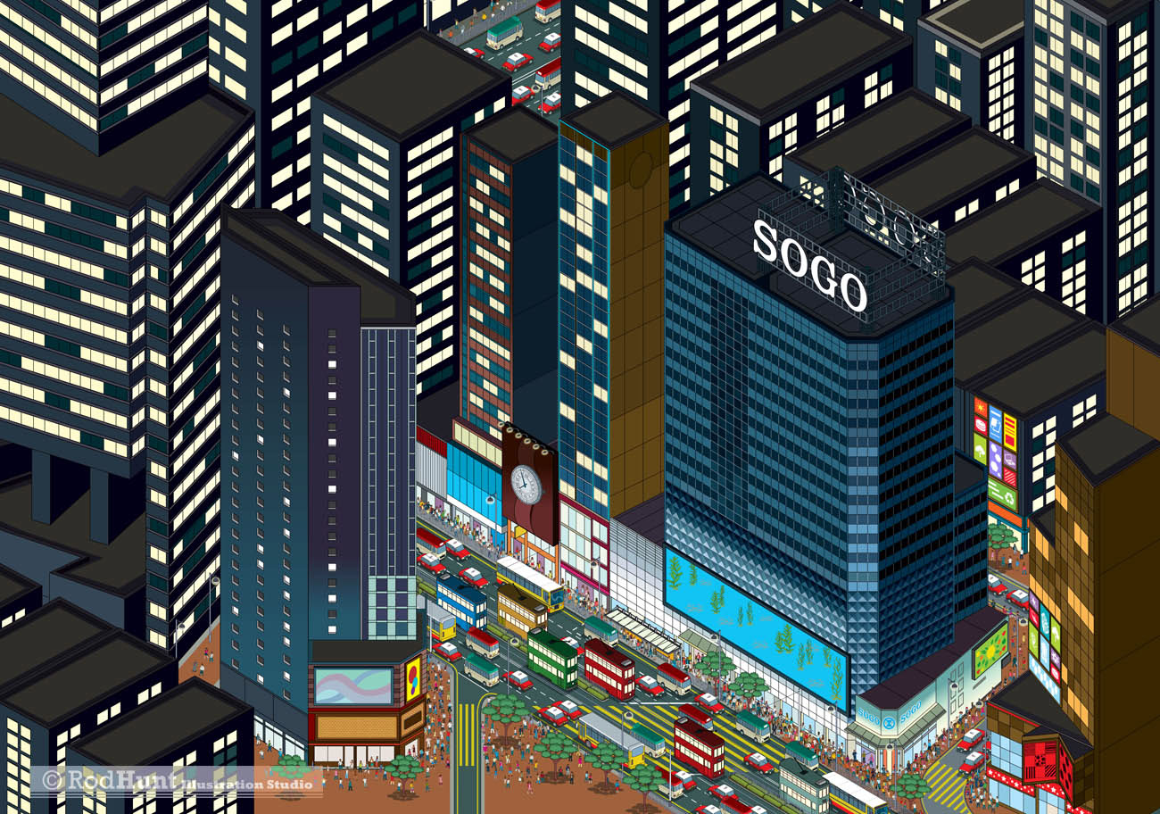 Hong Kong Night time Isometric Pixel Art City Bumper Animation & illustration