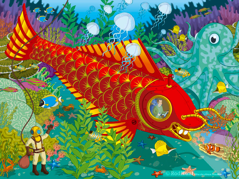 Colourful illustration of an undersea scene and retro submarine