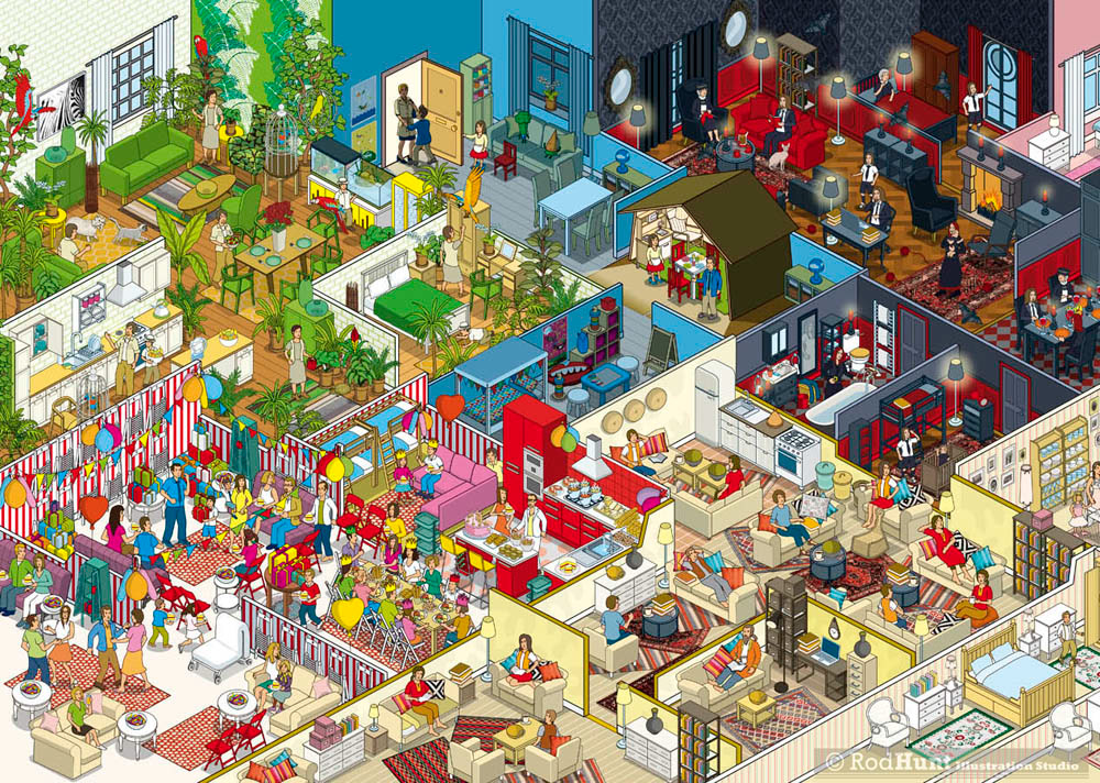 Illustrated cutaway cross section apartment Isometric Pixel Art Illustrations for homeware and furniture brand IKEA