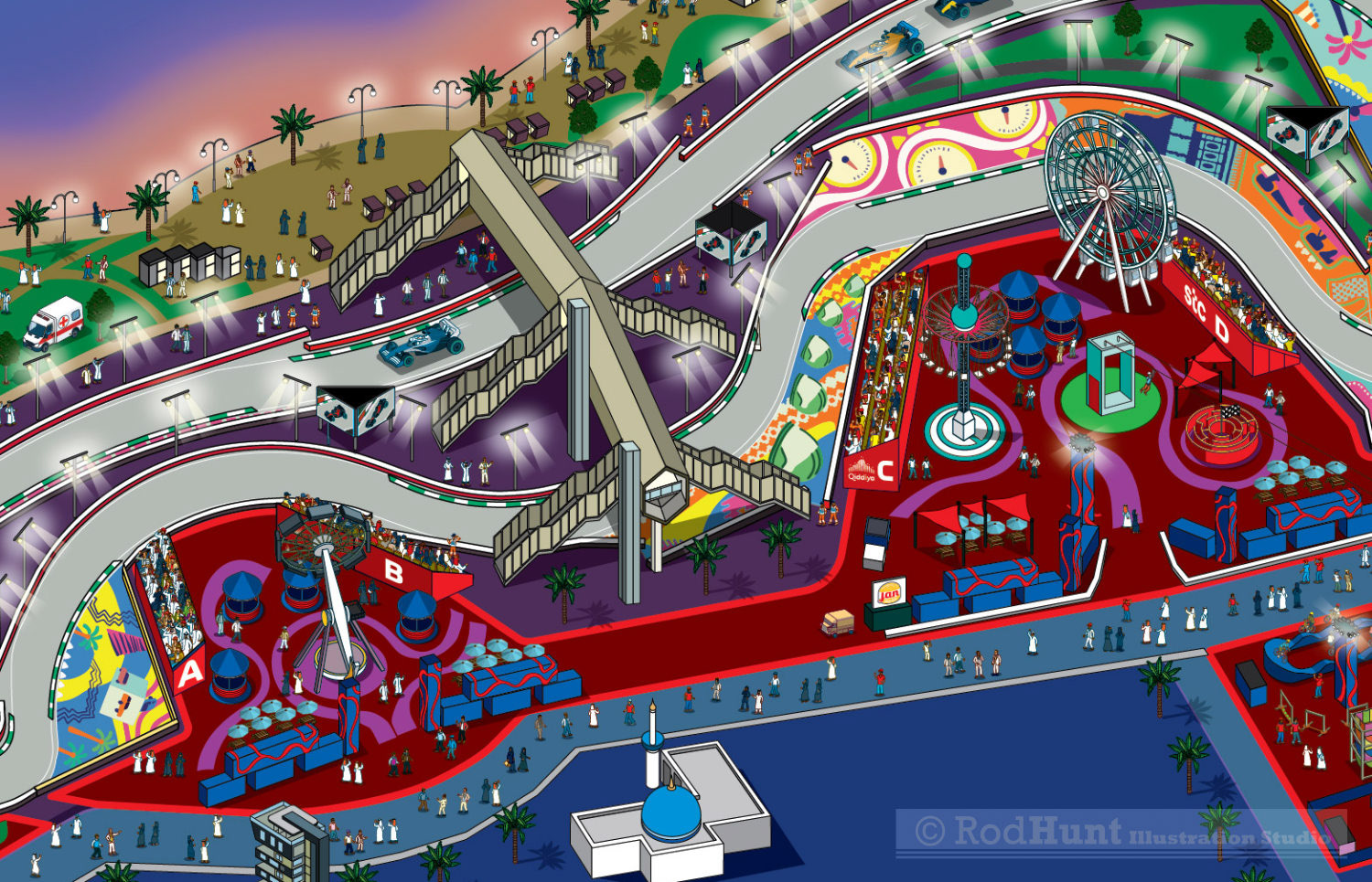 Illustrated maps of the Fan villages, entertainment zones and fairground rides for Formula One Saudi Arabian Grand Prix 2024 Map Illustration