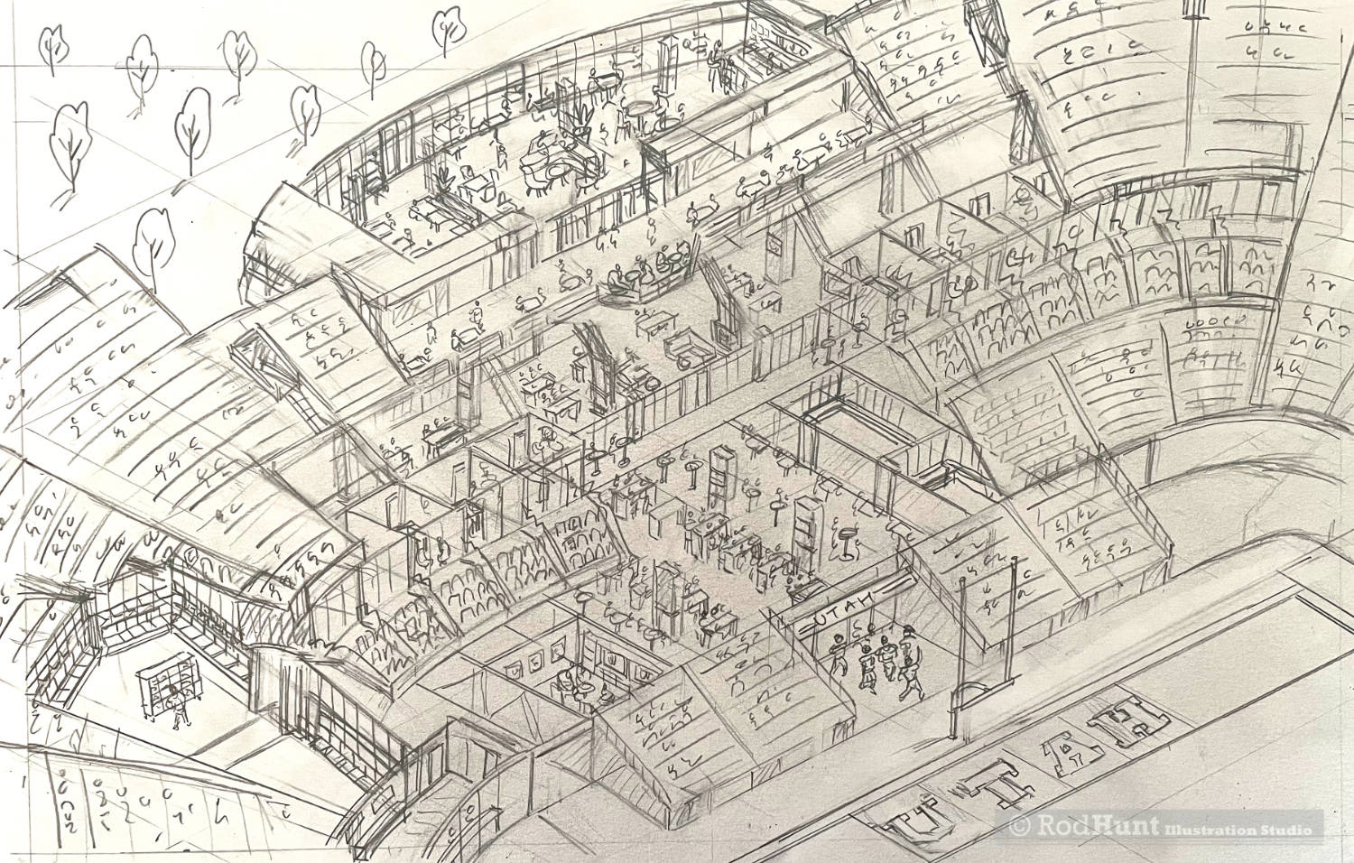 Hand drawn cutaway building illustration for the University of Utah’s Rice-Eccles Stadium