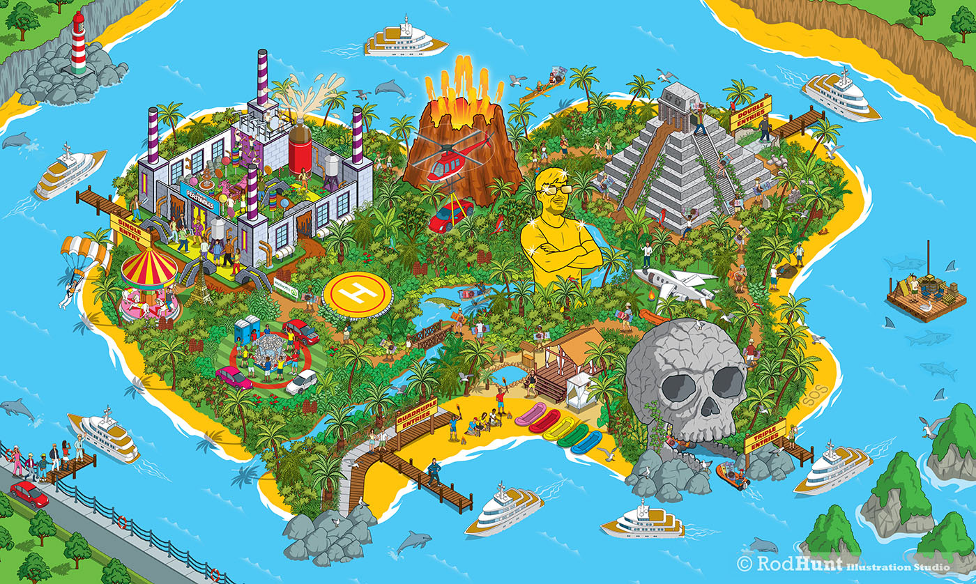 MrBeast Feastables confectionary brand commissioned map Illustrator Rod Hunt to illustrate a detailed map illustration of the fictitious Feastables Island to promote MrBeast Bars' $100,000 Treasure Chest competition