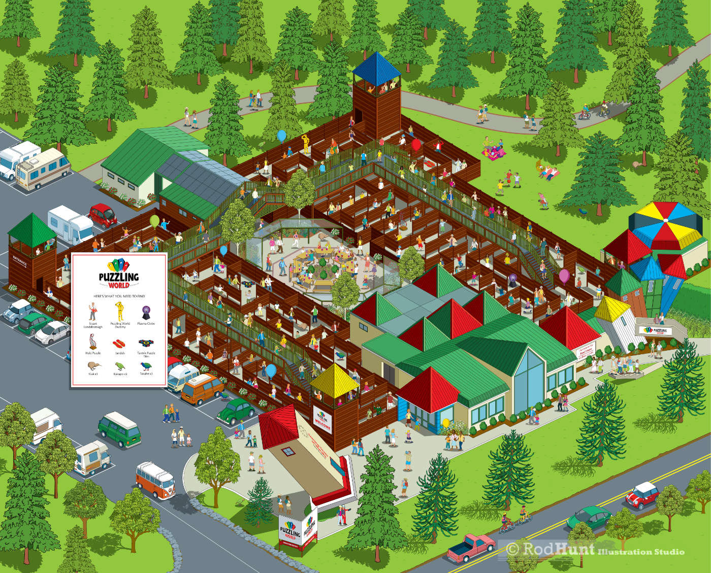 Puzzling World - Theme Park Maps Illustrated by map maker Rod Hunt for a printed vinyl mural installation at the tourist attraction in New Zealand