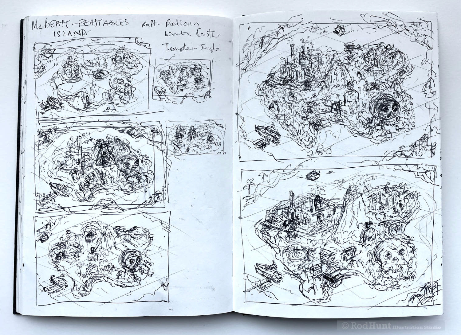 Initial thumbnail sketches for Mrbeast Feastables island map illustration by Rod Hunt