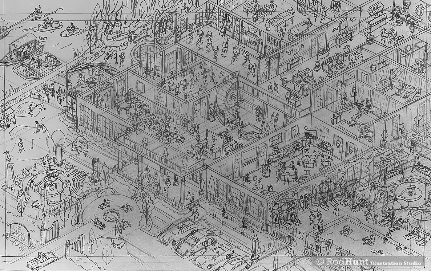Search and find game illustration rough drawing