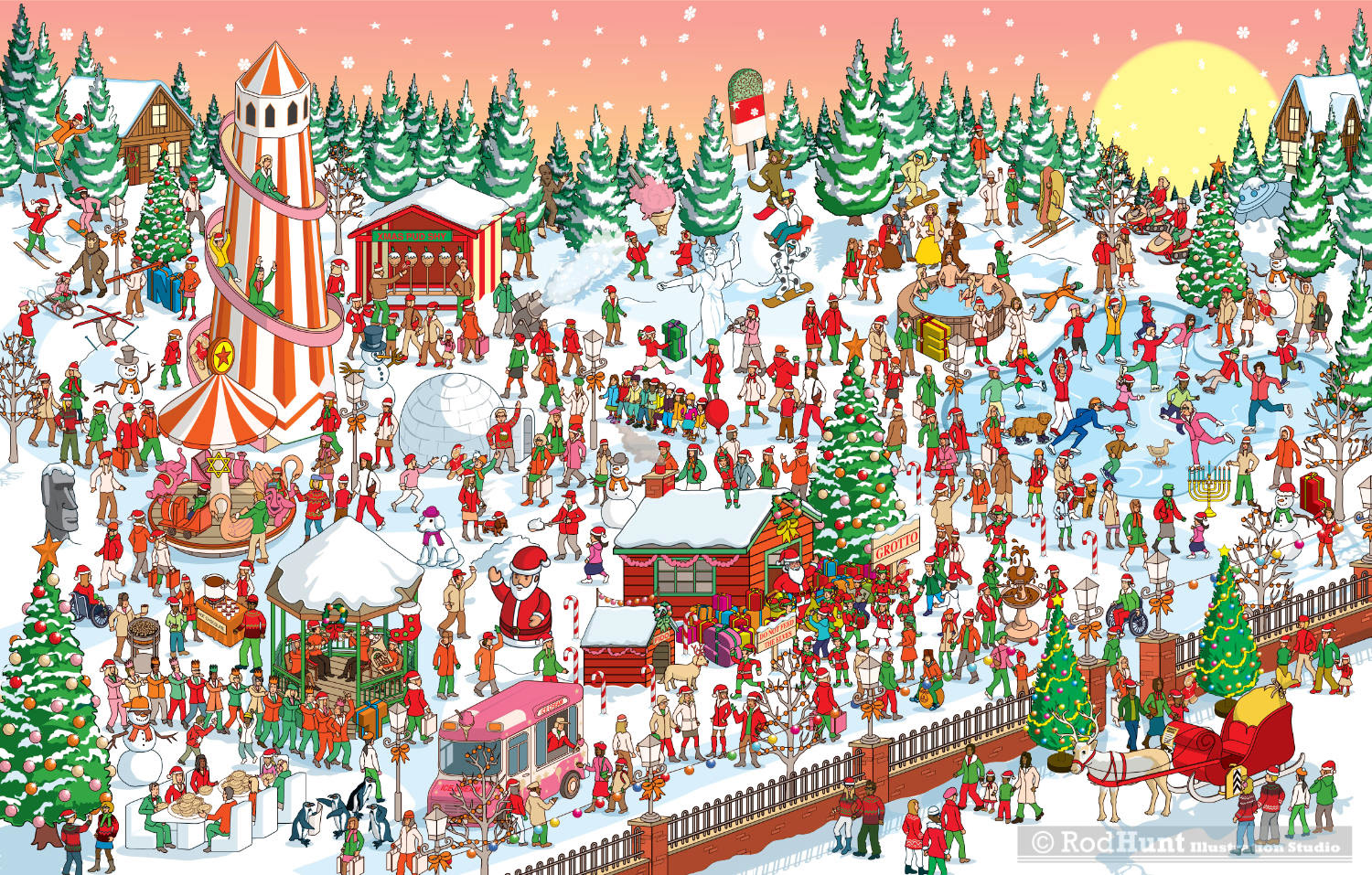 Find the Santa Christmas Search and Find Where's Waldo / Wally? style crowd puzzle Illustration by Rod Hunt