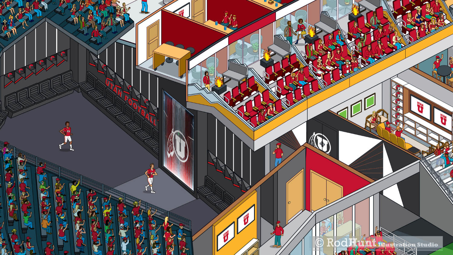 Illustrated Stadium building map of the University of Utah’s Rice-Eccles Stadium and Ken Garff University Club