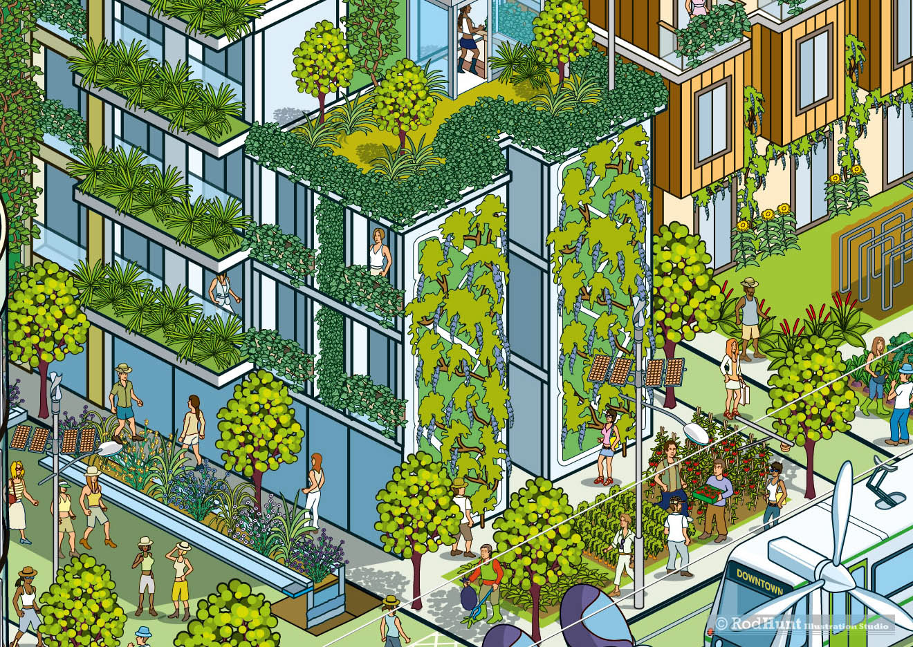 Urban Planning and sustainable architecture illustrations featuring Eco Buildings
