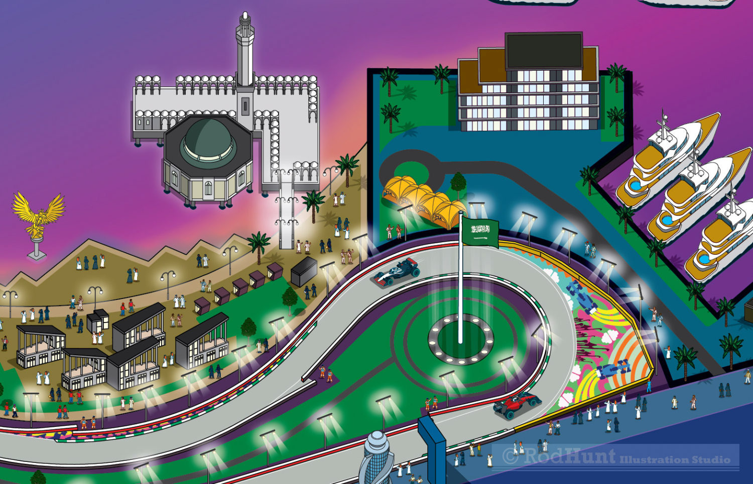Illustrated Architecture and landmarks including Floating Mosque around the F1 Saudi Arabian Grand Prix 2024 Map Illustration